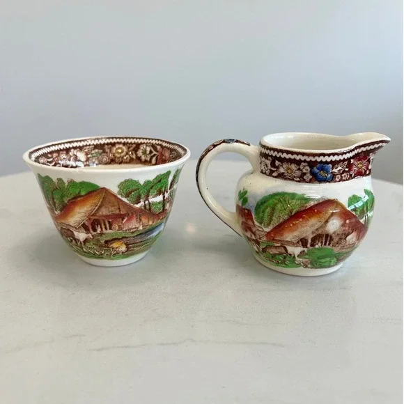 Vtg Midwinter Rural England Mini Creamer Sugar Bowl Set Farmhouse Cottagecore - Picture 3 of 11